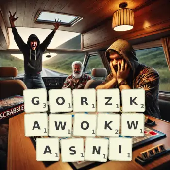 Kreatywna ilustracja do gry w Scrabble ze słowem GORZKAWOKWASNI ułożonym z płytek na planszy.