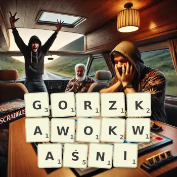 Kreatywna ilustracja do gry w Scrabble ze słowem GORZKAWOKWAŚNI ułożonym z płytek na planszy.