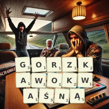 Kreatywna ilustracja do gry w Scrabble ze słowem GORZKAWOKWAŚNĄ ułożonym z płytek na planszy.