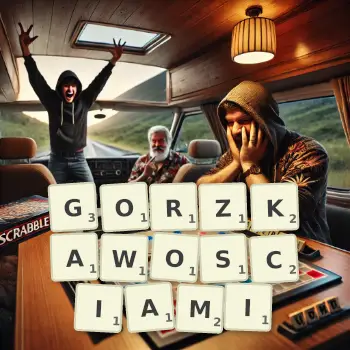 Kreatywna ilustracja do gry w Scrabble ze słowem GORZKAWOSCIAMI ułożonym z płytek na planszy.