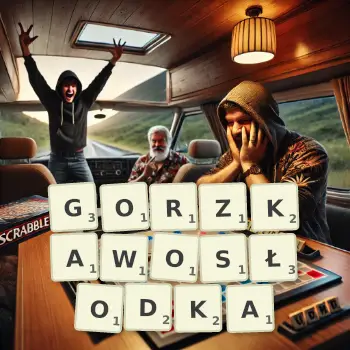Kreatywna ilustracja do gry w Scrabble ze słowem GORZKAWOSŁODKA ułożonym z płytek na planszy.