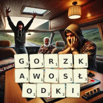 Kreatywna ilustracja do gry w Scrabble ze słowem GORZKAWOSŁODKI ułożonym z płytek na planszy.