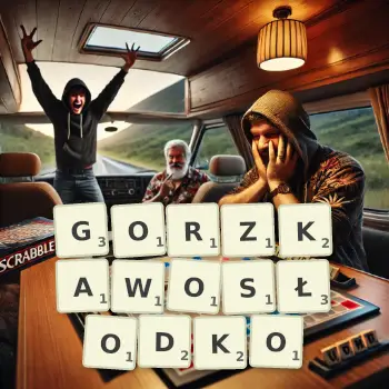 Kreatywna ilustracja do gry w Scrabble ze słowem GORZKAWOSŁODKO ułożonym z płytek na planszy.