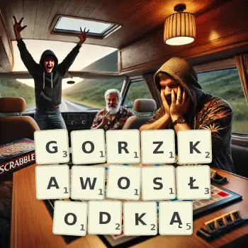 Kreatywna ilustracja do gry w Scrabble ze słowem GORZKAWOSŁODKĄ ułożonym z płytek na planszy.