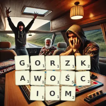 Kreatywna ilustracja do gry w Scrabble ze słowem GORZKAWOŚCIOM ułożonym z płytek na planszy.