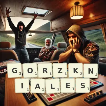 Kreatywna ilustracja do gry w Scrabble ze słowem GORZKNIALES ułożonym z płytek na planszy.