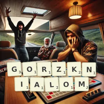 Kreatywna ilustracja do gry w Scrabble ze słowem GORZKNIALOM ułożonym z płytek na planszy.