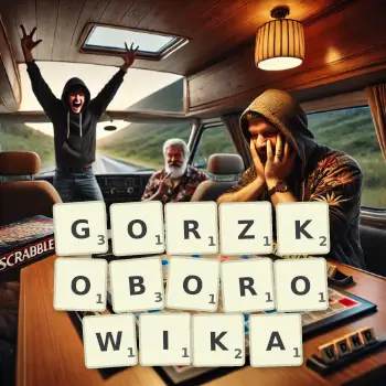Kreatywna ilustracja do gry w Scrabble ze słowem GORZKOBOROWIKA ułożonym z płytek na planszy.