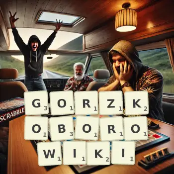 Kreatywna ilustracja do gry w Scrabble ze słowem GORZKOBOROWIKI ułożonym z płytek na planszy.