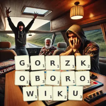 Kreatywna ilustracja do gry w Scrabble ze słowem GORZKOBOROWIKU ułożonym z płytek na planszy.
