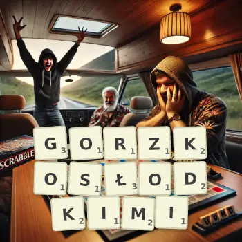 Kreatywna ilustracja do gry w Scrabble ze słowem GORZKOSŁODKIMI ułożonym z płytek na planszy.