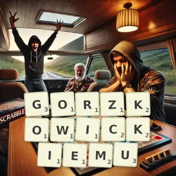 Kreatywna ilustracja do gry w Scrabble ze słowem GORZKOWICKIEMU ułożonym z płytek na planszy.