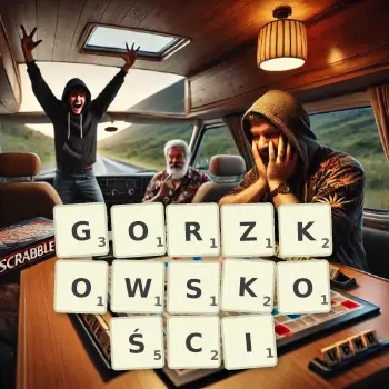 Kreatywna ilustracja do gry w Scrabble ze słowem GORZKOWSKOŚCI ułożonym z płytek na planszy.