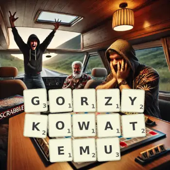 Kreatywna ilustracja do gry w Scrabble ze słowem GORZYKOWATEMU ułożonym z płytek na planszy.