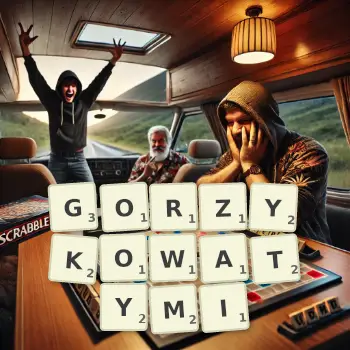 Kreatywna ilustracja do gry w Scrabble ze słowem GORZYKOWATYMI ułożonym z płytek na planszy.