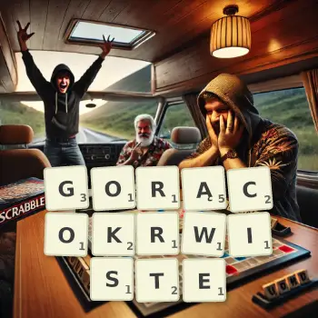 Kreatywna ilustracja do gry w Scrabble ze słowem GORĄCOKRWISTE ułożonym z płytek na planszy.