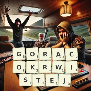 Kreatywna ilustracja do gry w Scrabble ze słowem GORĄCOKRWISTEJ ułożonym z płytek na planszy.