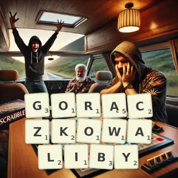 Kreatywna ilustracja do gry w Scrabble ze słowem GORĄCZKOWALIBY ułożonym z płytek na planszy.