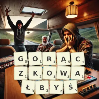 Kreatywna ilustracja do gry w Scrabble ze słowem GORĄCZKOWAŁBYŚ ułożonym z płytek na planszy.