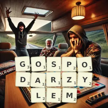 Kreatywna ilustracja do gry w Scrabble ze słowem GOSPODARZYLEM ułożonym z płytek na planszy.
