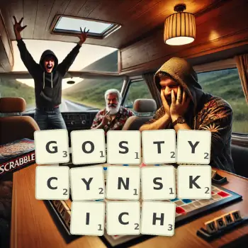 Kreatywna ilustracja do gry w Scrabble ze słowem GOSTYCYNSKICH ułożonym z płytek na planszy.