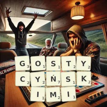 Kreatywna ilustracja do gry w Scrabble ze słowem GOSTYCYŃSKIMI ułożonym z płytek na planszy.