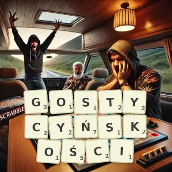 Kreatywna ilustracja do gry w Scrabble ze słowem GOSTYCYŃSKOŚCI ułożonym z płytek na planszy.