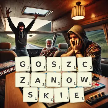 Kreatywna ilustracja do gry w Scrabble ze słowem GOSZCZANOWSKIE ułożonym z płytek na planszy.