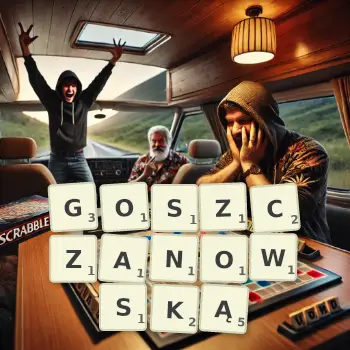 Kreatywna ilustracja do gry w Scrabble ze słowem GOSZCZANOWSKĄ ułożonym z płytek na planszy.