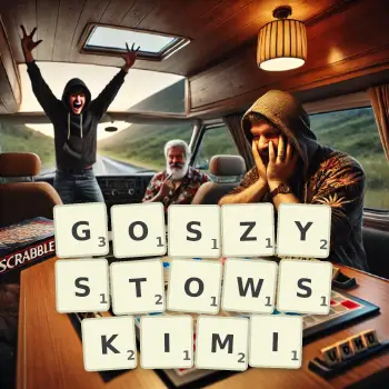 Kreatywna ilustracja do gry w Scrabble ze słowem GOSZYSTOWSKIMI ułożonym z płytek na planszy.