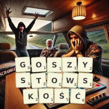 Kreatywna ilustracja do gry w Scrabble ze słowem GOSZYSTOWSKOŚĆ ułożonym z płytek na planszy.