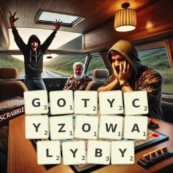 Kreatywna ilustracja do gry w Scrabble ze słowem GOTYCYZOWALYBY ułożonym z płytek na planszy.