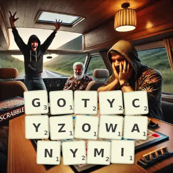 Kreatywna ilustracja do gry w Scrabble ze słowem GOTYCYZOWANYMI ułożonym z płytek na planszy.