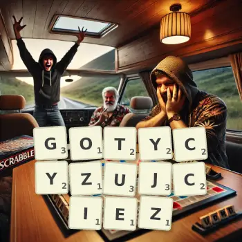 Kreatywna ilustracja do gry w Scrabble ze słowem GOTYCYZUJCIEZ ułożonym z płytek na planszy.