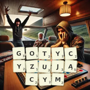 Kreatywna ilustracja do gry w Scrabble ze słowem GOTYCYZUJĄCYM ułożonym z płytek na planszy.