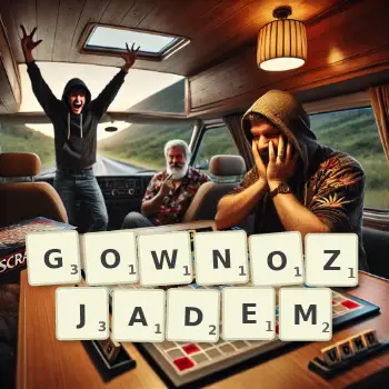 Kreatywna ilustracja do gry w Scrabble ze słowem GOWNOZJADEM ułożonym z płytek na planszy.