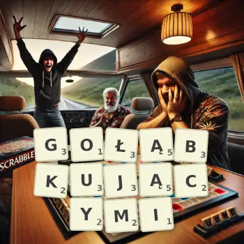 Kreatywna ilustracja do gry w Scrabble ze słowem GOŁĄBKUJĄCYMI ułożonym z płytek na planszy.
