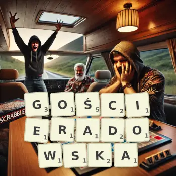Kreatywna ilustracja do gry w Scrabble ze słowem GOŚCIERADOWSKA ułożonym z płytek na planszy.