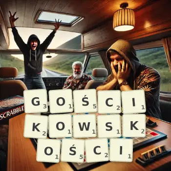 Kreatywna ilustracja do gry w Scrabble ze słowem GOŚCIKOWSKOŚCI ułożonym z płytek na planszy.