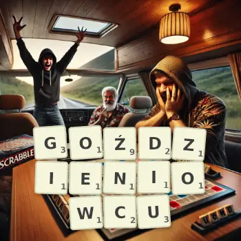 Kreatywna ilustracja do gry w Scrabble ze słowem GOŹDZIENIOWCU ułożonym z płytek na planszy.