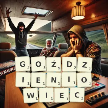 Kreatywna ilustracja do gry w Scrabble ze słowem GOŹDZIENIOWIEC ułożonym z płytek na planszy.