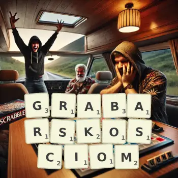 Kreatywna ilustracja do gry w Scrabble ze słowem GRABARSKOSCIOM ułożonym z płytek na planszy.