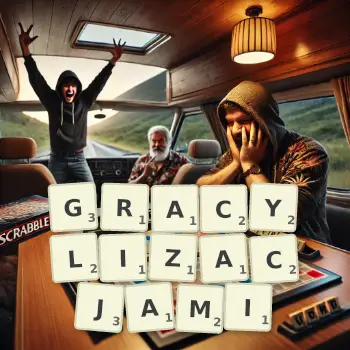 Kreatywna ilustracja do gry w Scrabble ze słowem GRACYLIZACJAMI ułożonym z płytek na planszy.