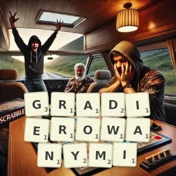 Kreatywna ilustracja do gry w Scrabble ze słowem GRADIEROWANYMI ułożonym z płytek na planszy.