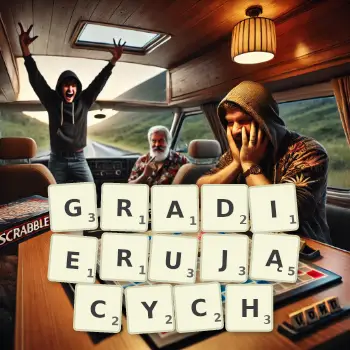 Kreatywna ilustracja do gry w Scrabble ze słowem GRADIERUJĄCYCH ułożonym z płytek na planszy.