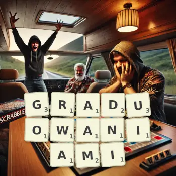Kreatywna ilustracja do gry w Scrabble ze słowem GRADUOWANIAMI ułożonym z płytek na planszy.