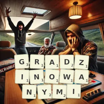 Kreatywna ilustracja do gry w Scrabble ze słowem GRADZINOWANYMI ułożonym z płytek na planszy.