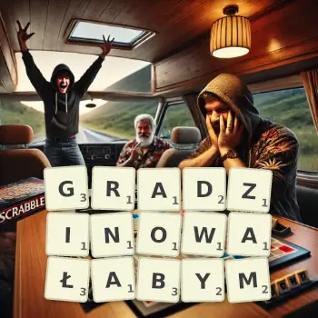 Kreatywna ilustracja do gry w Scrabble ze słowem GRADZINOWAŁABYM ułożonym z płytek na planszy.