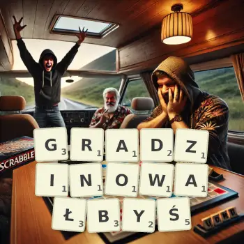 Kreatywna ilustracja do gry w Scrabble ze słowem GRADZINOWAŁBYŚ ułożonym z płytek na planszy.