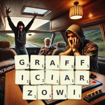 Kreatywna ilustracja do gry w Scrabble ze słowem GRAFFICIARZOWI ułożonym z płytek na planszy.